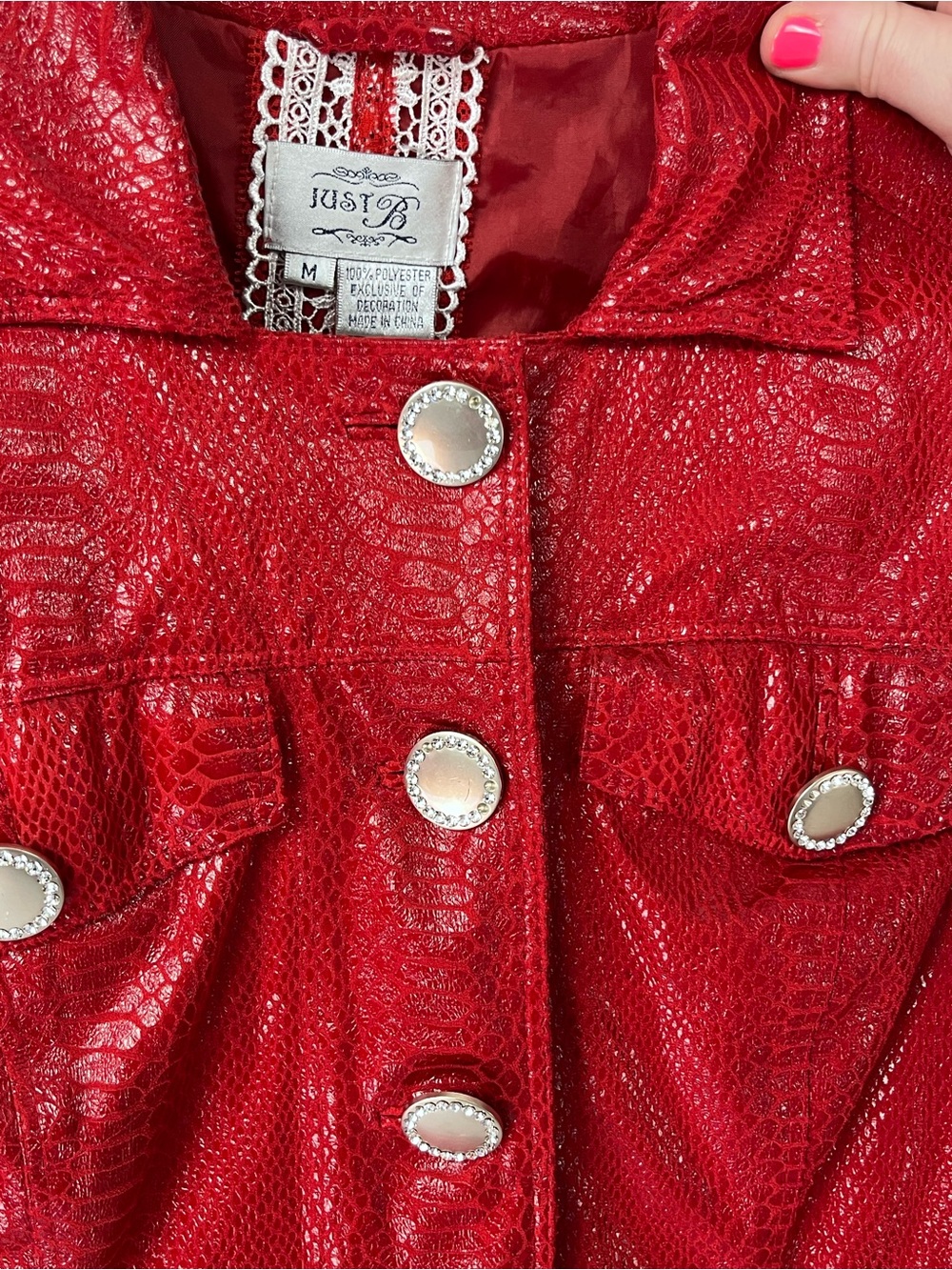 Just B Red Snakeskin Animal Print Jacket Rhinestone Bling Buttons Sz Medium - Picture 4 of 6